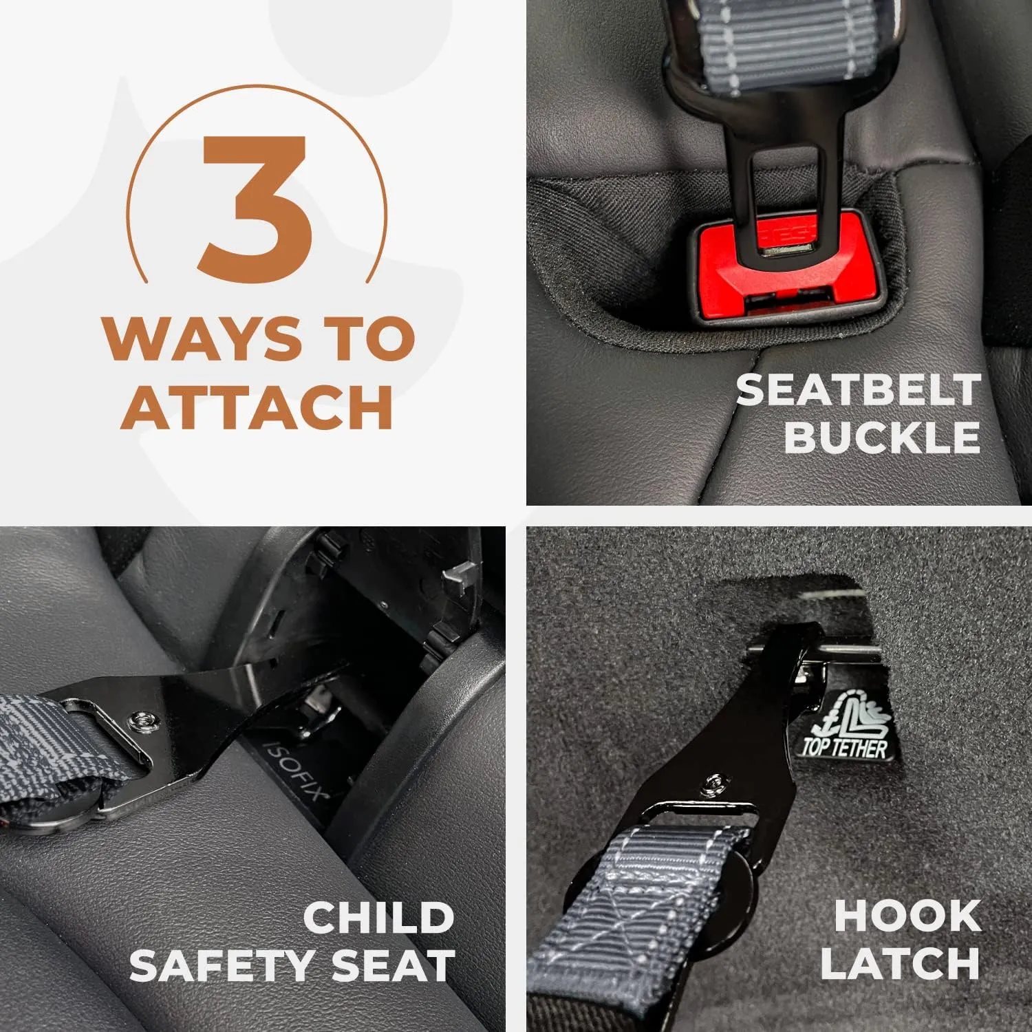 12"-37" Wuglo Dog Seat Belt - Dog Car Harness for Child Safety Seat - Hook Latch Bar & Seat Belt Buckle - Adjustable Universal Dog Seatbelt for Car Travel (Grey)
