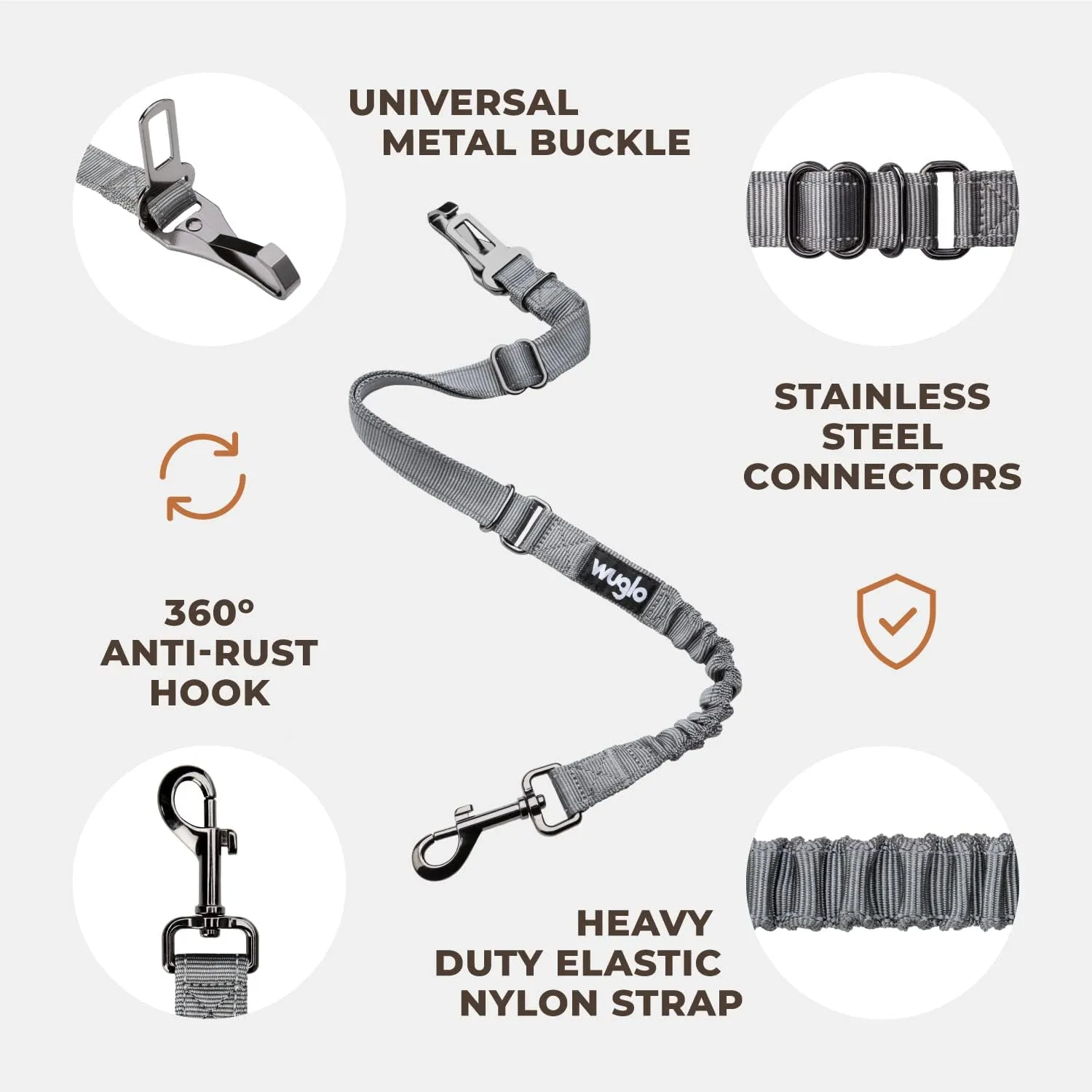 12"-37" Wuglo Dog Seat Belt - Dog Car Harness for Child Safety Seat - Hook Latch Bar & Seat Belt Buckle - Adjustable Universal Dog Seatbelt for Car Travel (Grey)