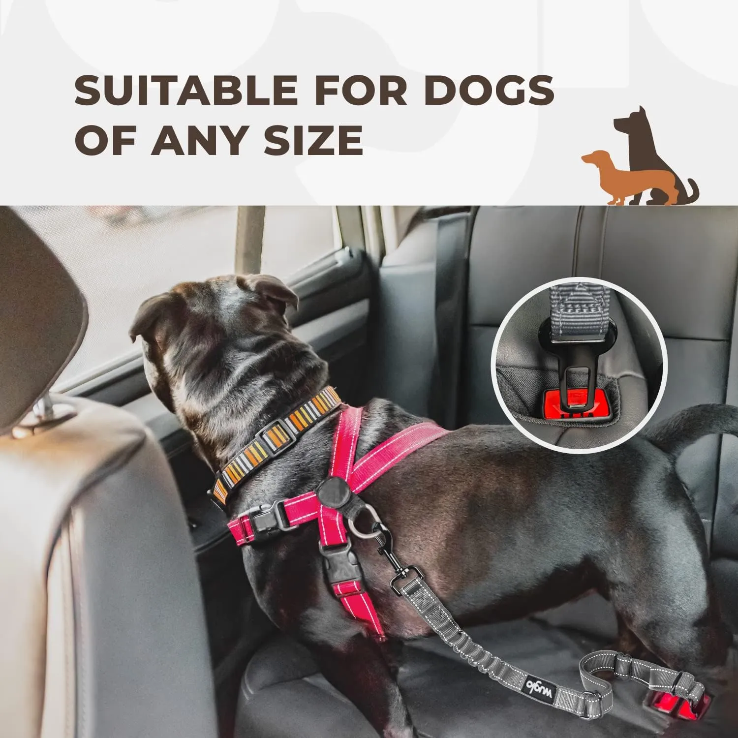 12"-37" Wuglo Dog Seat Belt - Dog Car Harness for Child Safety Seat - Hook Latch Bar & Seat Belt Buckle - Adjustable Universal Dog Seatbelt for Car Travel (Grey)
