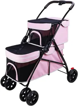 2 layers pet stroller for dogs and cats,4 wheels pet pram cart,foldable pet trolley,shock absorber swivel front wheel,rear wheel with foot brakes,cabin with front zipped mesh door