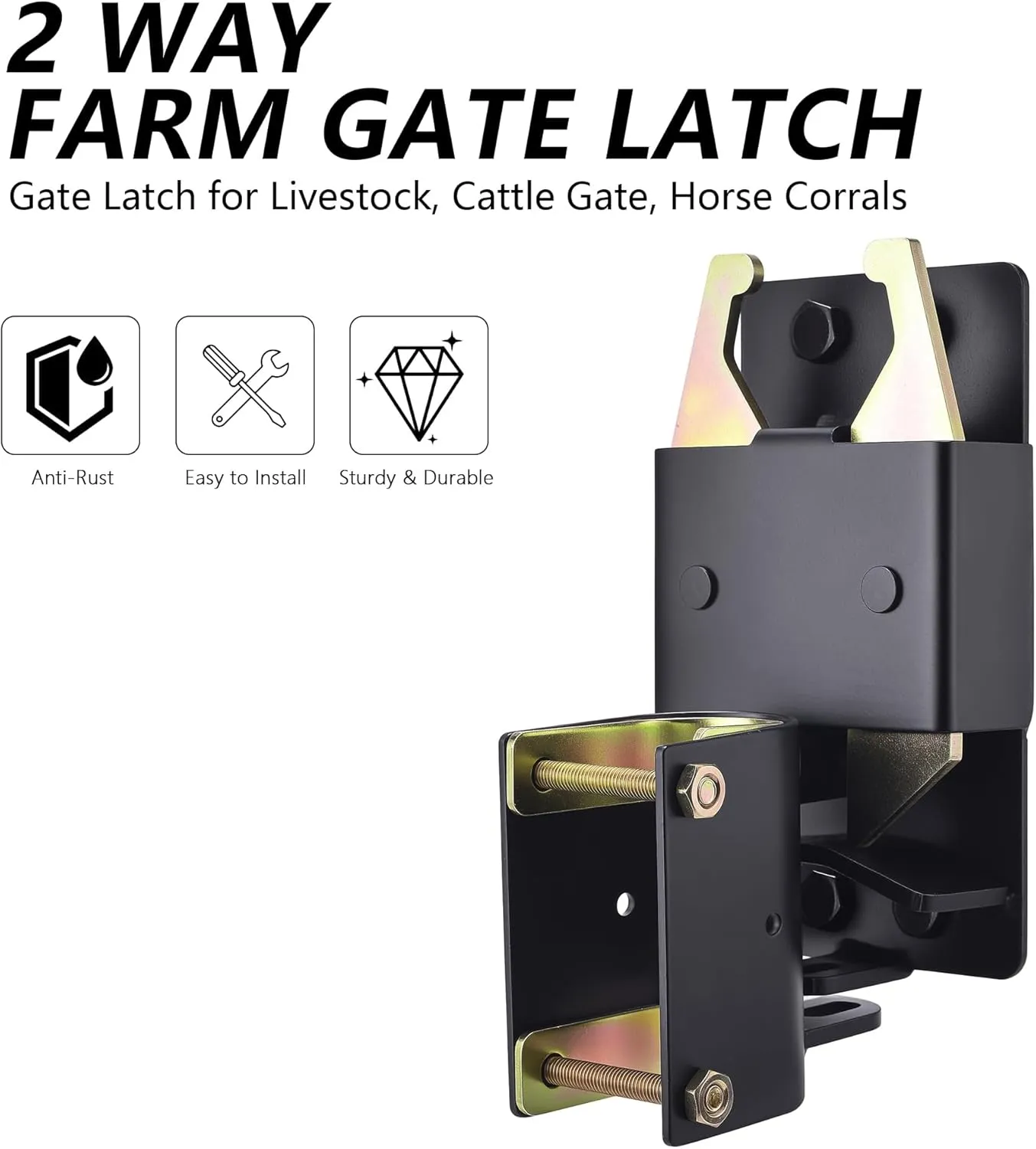2 Pack 2-Way Heavy Duty Farm Gate Latch - Lockable Fence Gate Latch for Metal Tube Gate, Livestock Cattle, Horse Corrals, Ranches, Pastures, Pet Cages & Fences (Screws & Instructions Included)