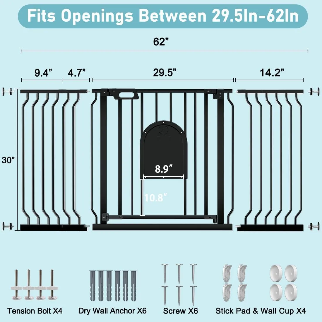 Baby Gate with Cat Door,29.5"-62" Extra Wide Pet Gates with Door Walk Thru, Auto Close Child Safety Gate for Doorways Stairs, Pressure Mounted Metal Dog Gate with Pet Door Adjustable, Black