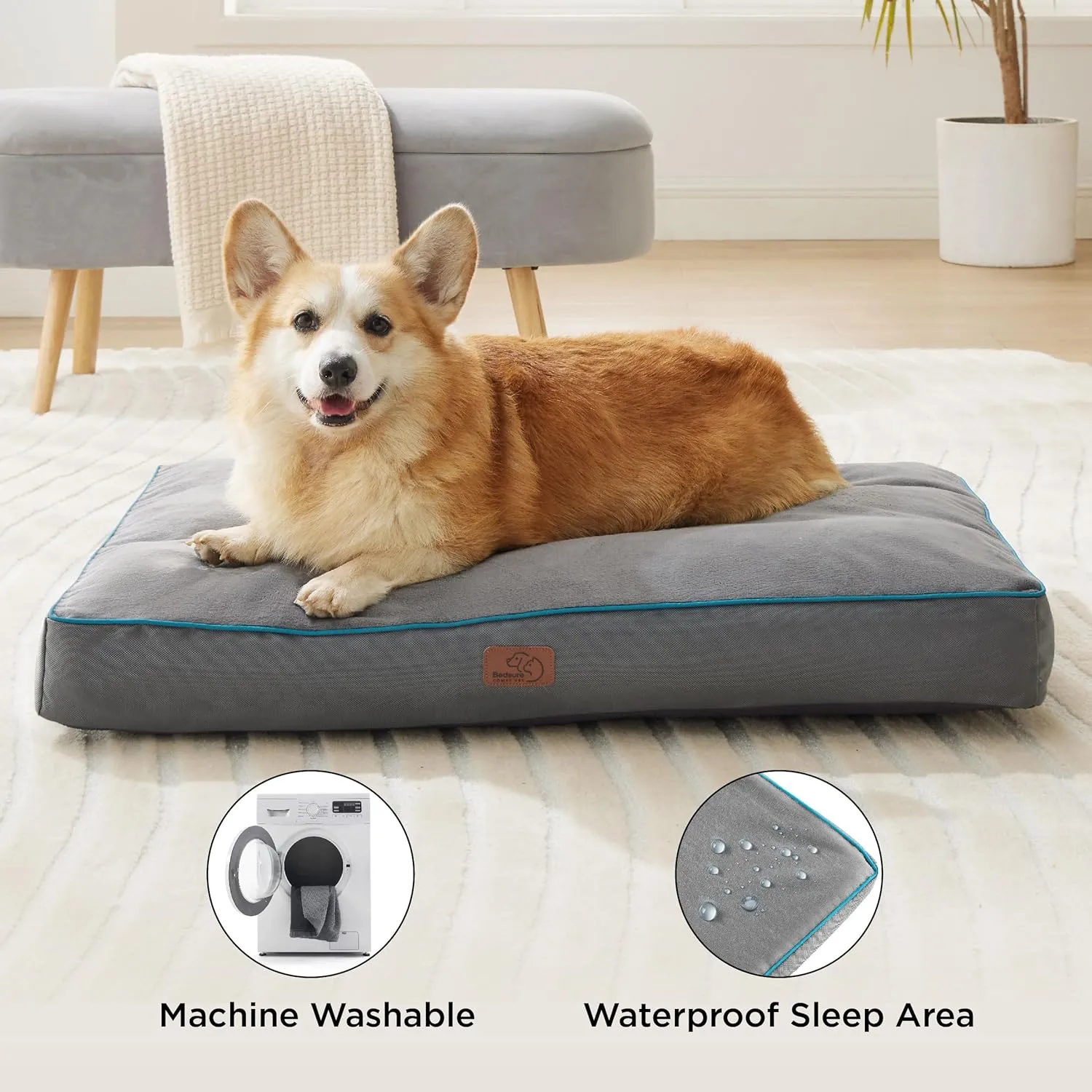 Bedsure Washable Dog Bed Medium Size Dog - 4 Inch Thicken Up to 45lbs Waterproof Pet Mat Pillows with Removable Washable Cover, Blue