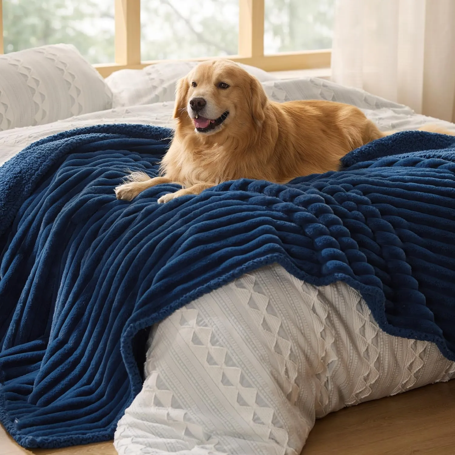 Bedsure Waterproof Dog Blankets for Large Dogs - Soft Pet Cat Blanket Corduroy Fleece for Bed Protector Washable, Cozy Calming Reversible Furniture Protection for Puppy,60"x80", Navy Blue