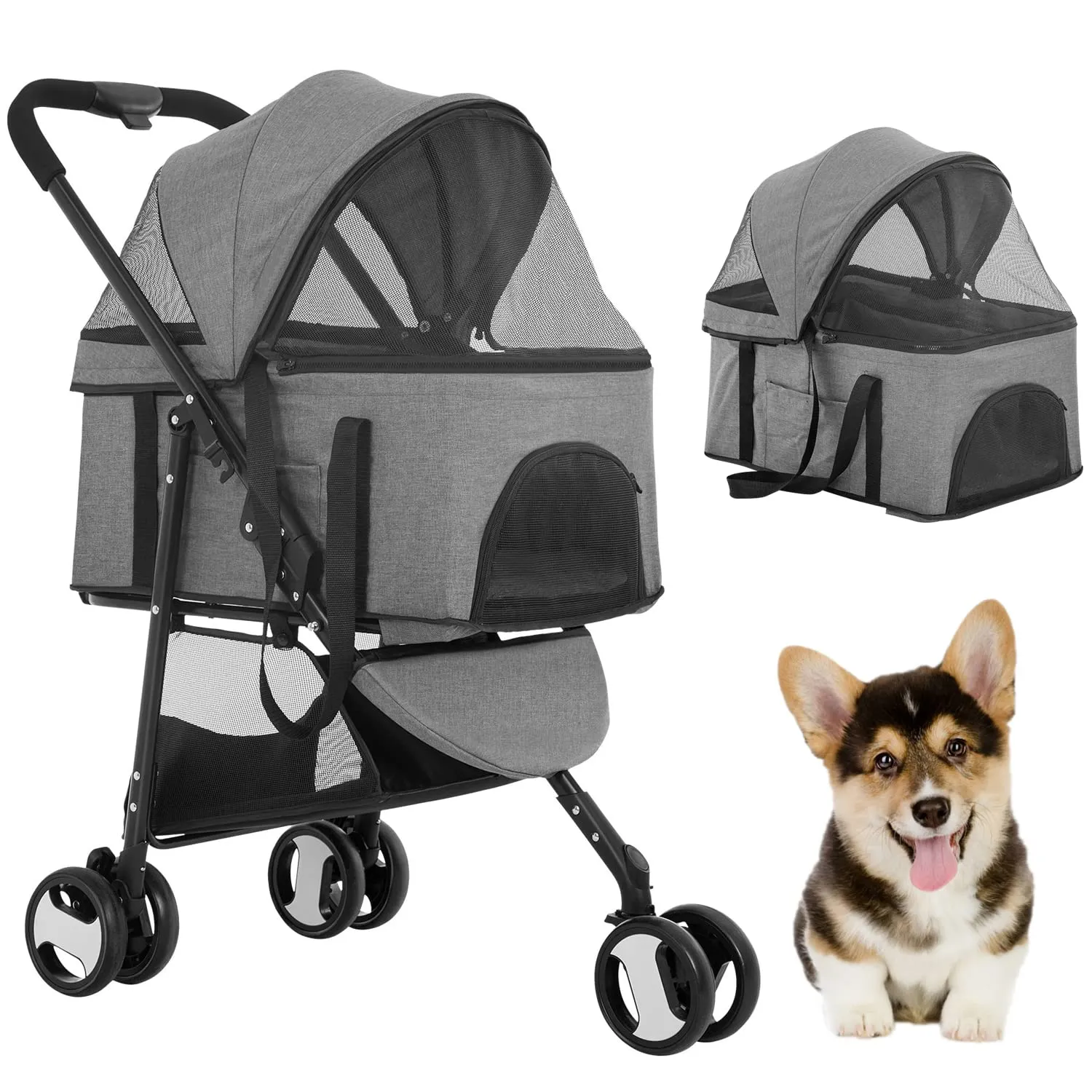 BestPet 3 Wheels Pet Stroller Dog Cat Premium 3-in-1 Multifunction Stroller for Medium Small Dogs Cats Detachable Carrier Lightweight Folding Travel Stroller,Grey 15.0 pounds 1.0 Count