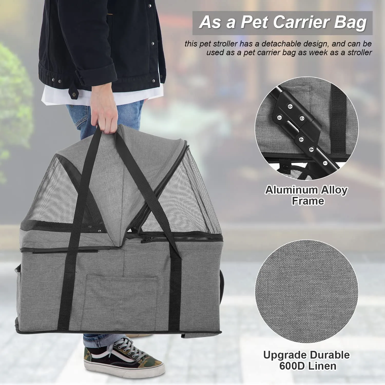 BestPet 3 Wheels Pet Stroller Dog Cat Premium 3-in-1 Multifunction Stroller for Medium Small Dogs Cats Detachable Carrier Lightweight Folding Travel Stroller,Grey 15.0 pounds 1.0 Count