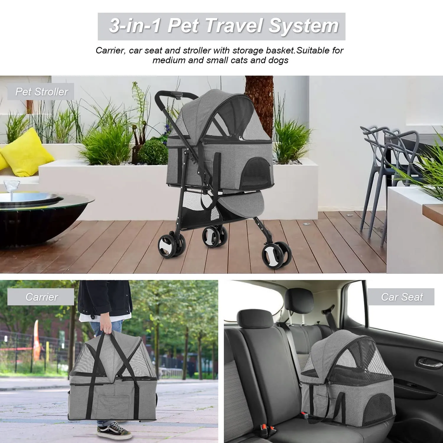 BestPet 3 Wheels Pet Stroller Dog Cat Premium 3-in-1 Multifunction Stroller for Medium Small Dogs Cats Detachable Carrier Lightweight Folding Travel Stroller,Grey 15.0 pounds 1.0 Count