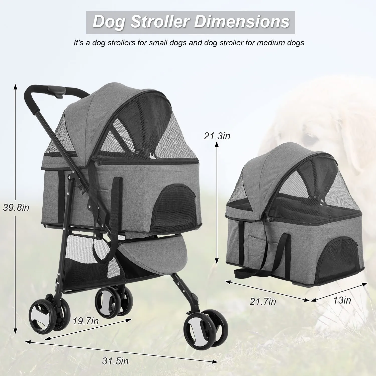 BestPet 3 Wheels Pet Stroller Dog Cat Premium 3-in-1 Multifunction Stroller for Medium Small Dogs Cats Detachable Carrier Lightweight Folding Travel Stroller,Grey 15.0 pounds 1.0 Count