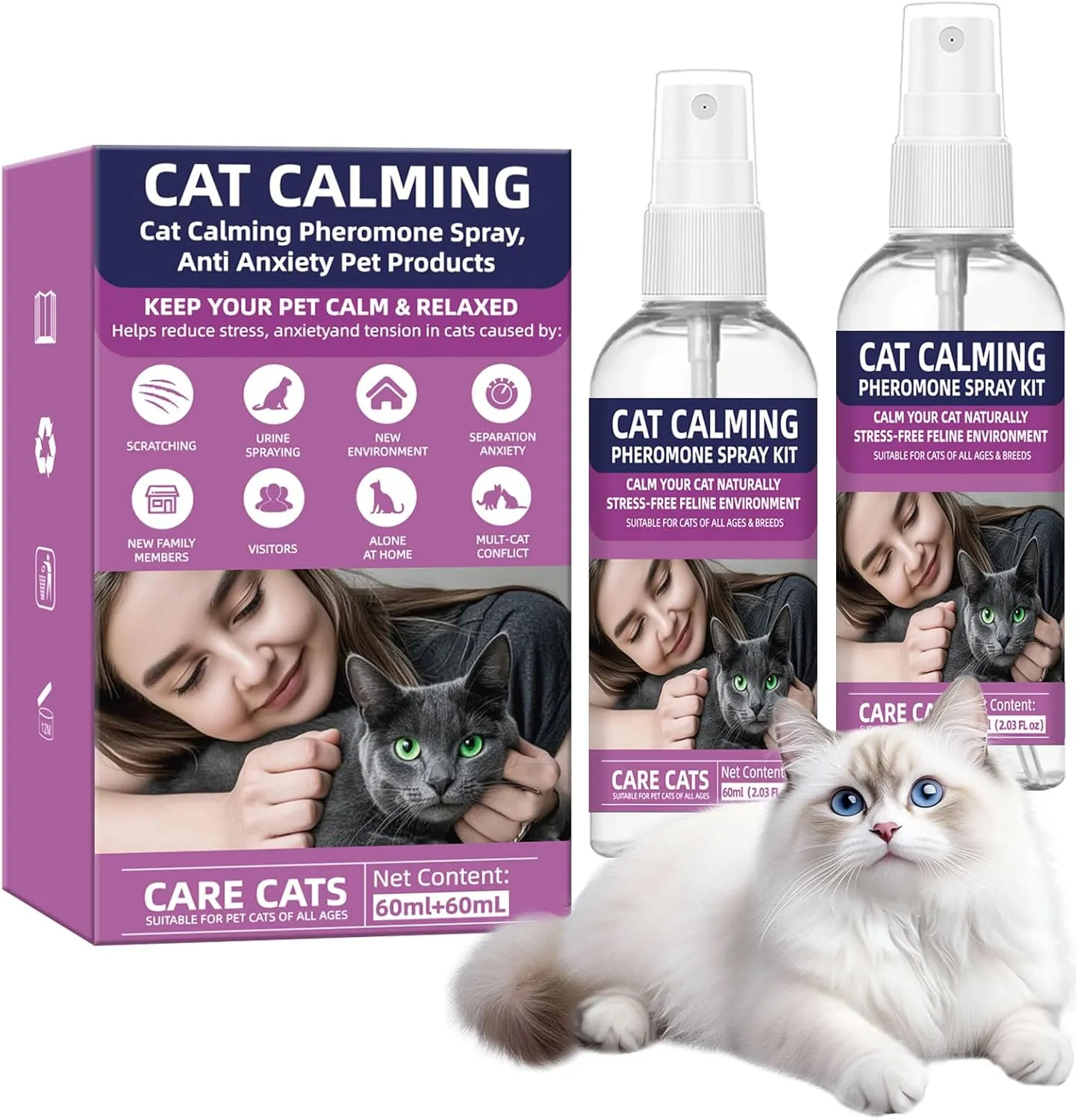 Cat Calming Pheromone Spray Kit Feline Calm Pheromones Vet Recommended Drug-Free Anxiety Relief for Multi-Cat Homes,Stops Scratching & Urine Marking,60-Day Supply | Drug-Free (2 * 60 mL)
