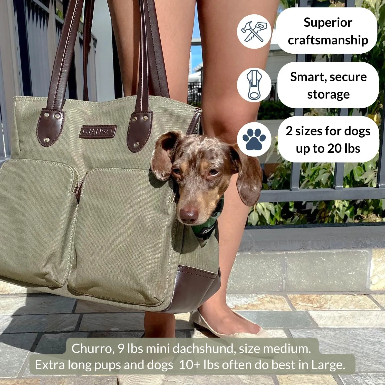 DJANGO Dog Carrier Bag Medium - Waxed Canvas and Leather Soft Dog Travel Carrier - Olive Green Travel Tote Bag for Pets with Harness Safety Tether, Secure Zipper Pockets, and Water-Resistant Lining