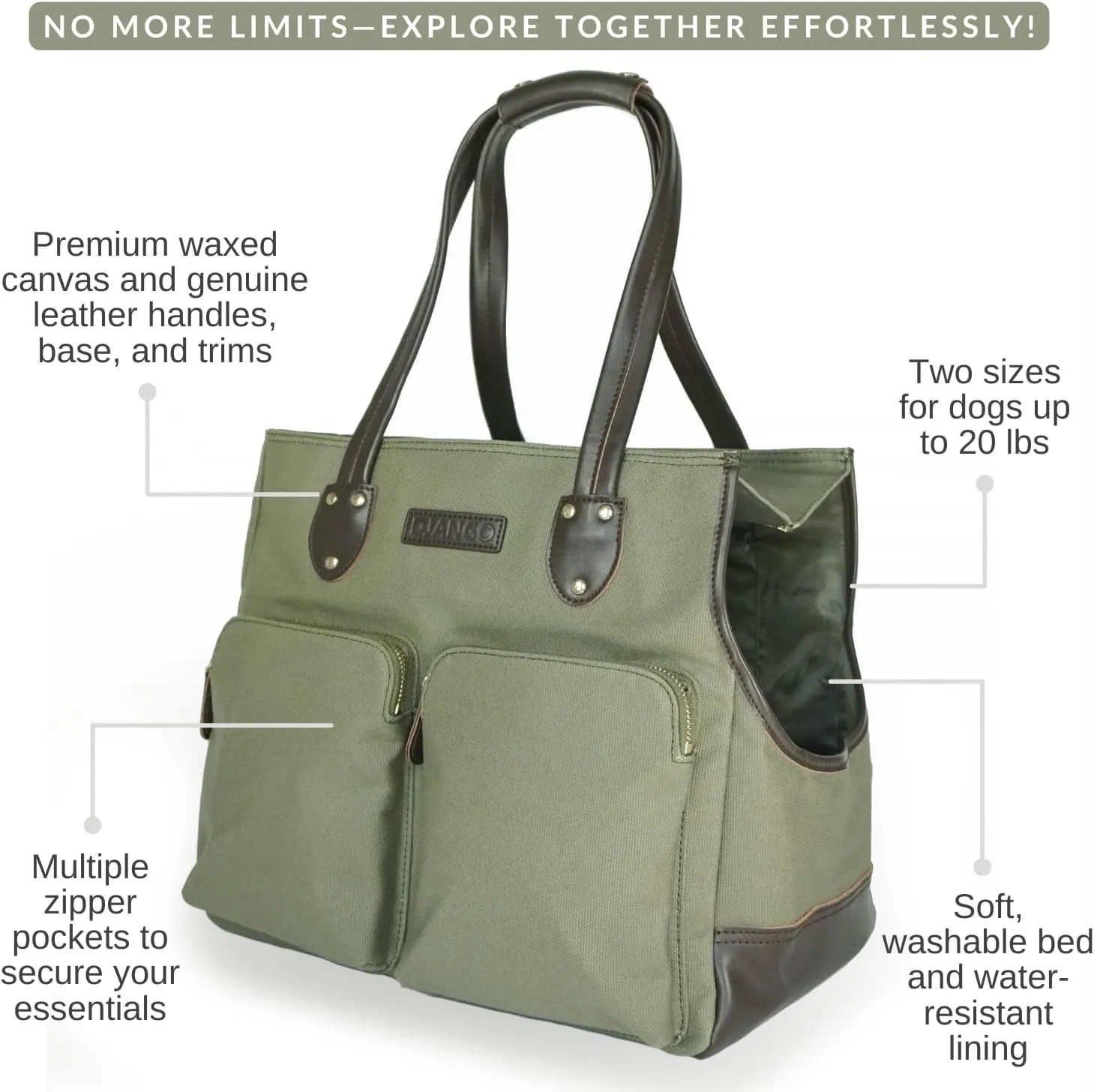DJANGO Dog Carrier Bag Medium - Waxed Canvas and Leather Soft Dog Travel Carrier - Olive Green Travel Tote Bag for Pets with Harness Safety Tether, Secure Zipper Pockets, and Water-Resistant Lining