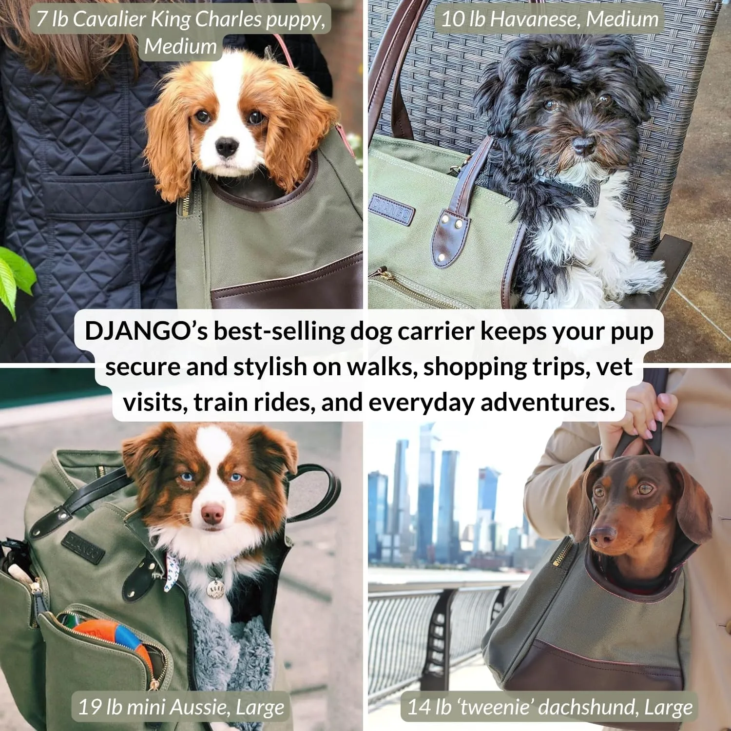 DJANGO Dog Carrier Bag Medium - Waxed Canvas and Leather Soft Dog Travel Carrier - Olive Green Travel Tote Bag for Pets with Harness Safety Tether, Secure Zipper Pockets, and Water-Resistant Lining