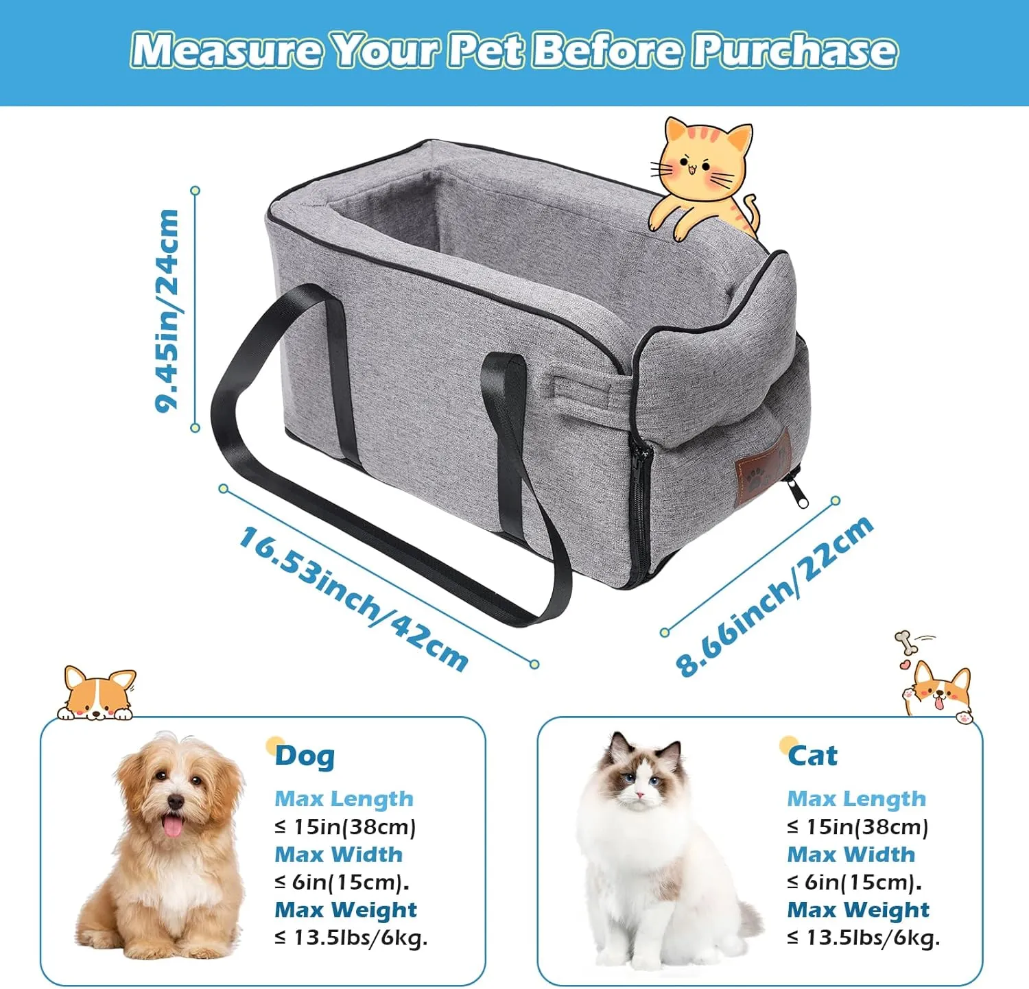 Dog Car Seat for Small Dogs Detachable and Washable Dog Booster Seat for Small Pets Up to 12 Lbs Center Console Dogs and Cats Fits Car Home Travel(Grey)