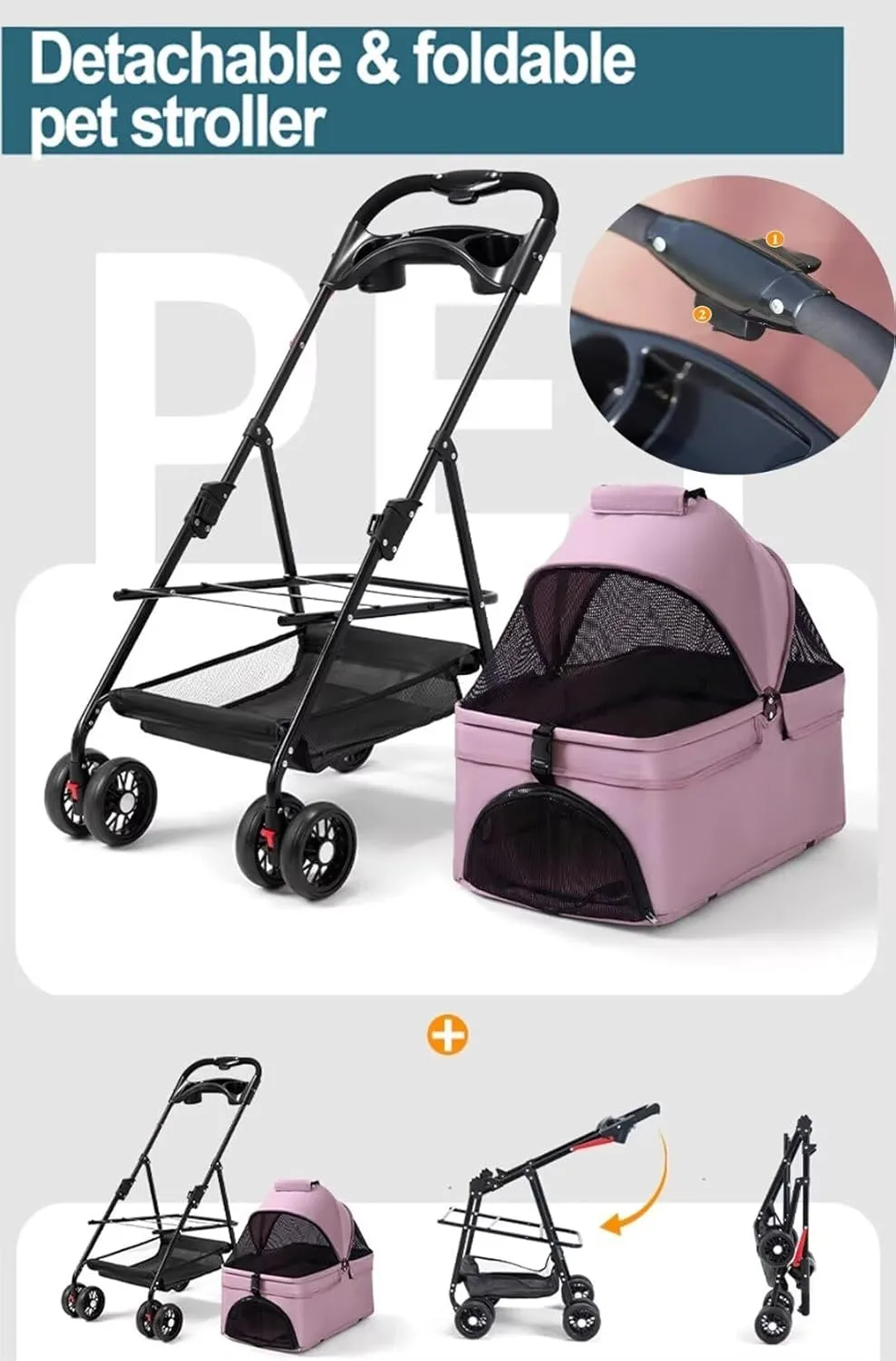 Dog Pram Dog Pushchair,Pet Stroller with Detachable Cabin Bag,4 Wheels pet pram cart for Dogs and Cats,Foldable pet Trolley,Swivel Front Wheel,Rear Wheel with Foot Brakes,Front and Back Open