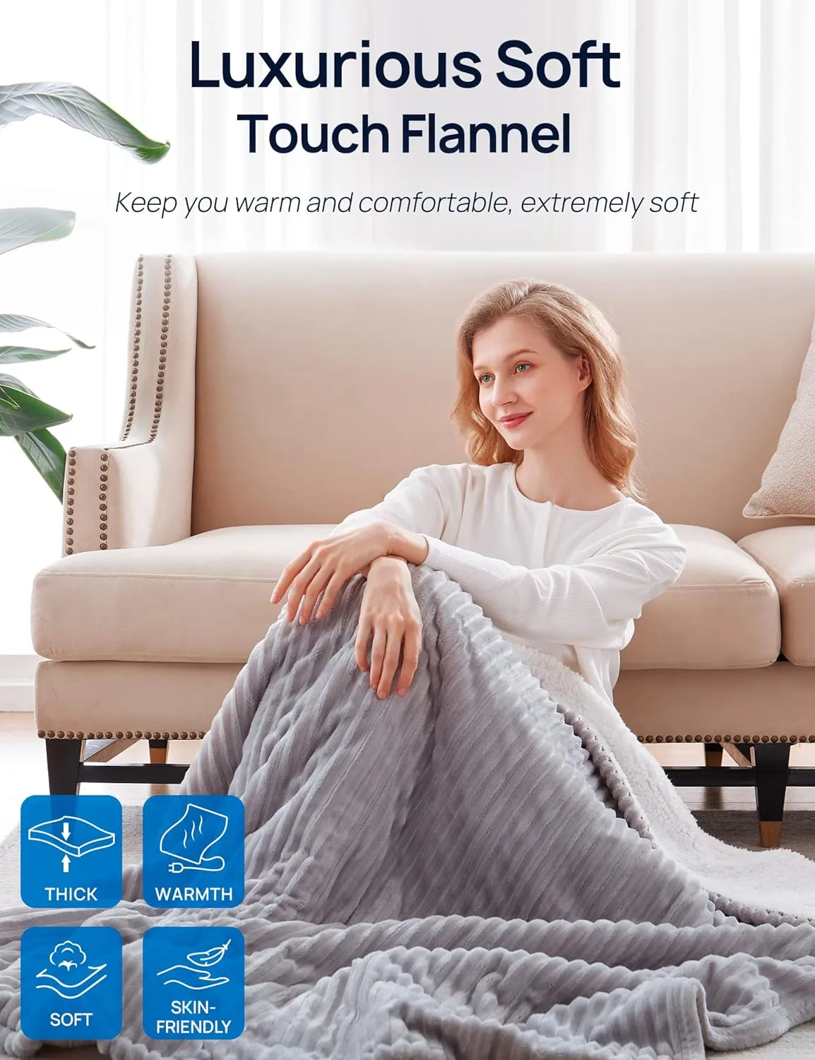 Electric Heated Blanket 84" x 90", Light Grey & Ivory