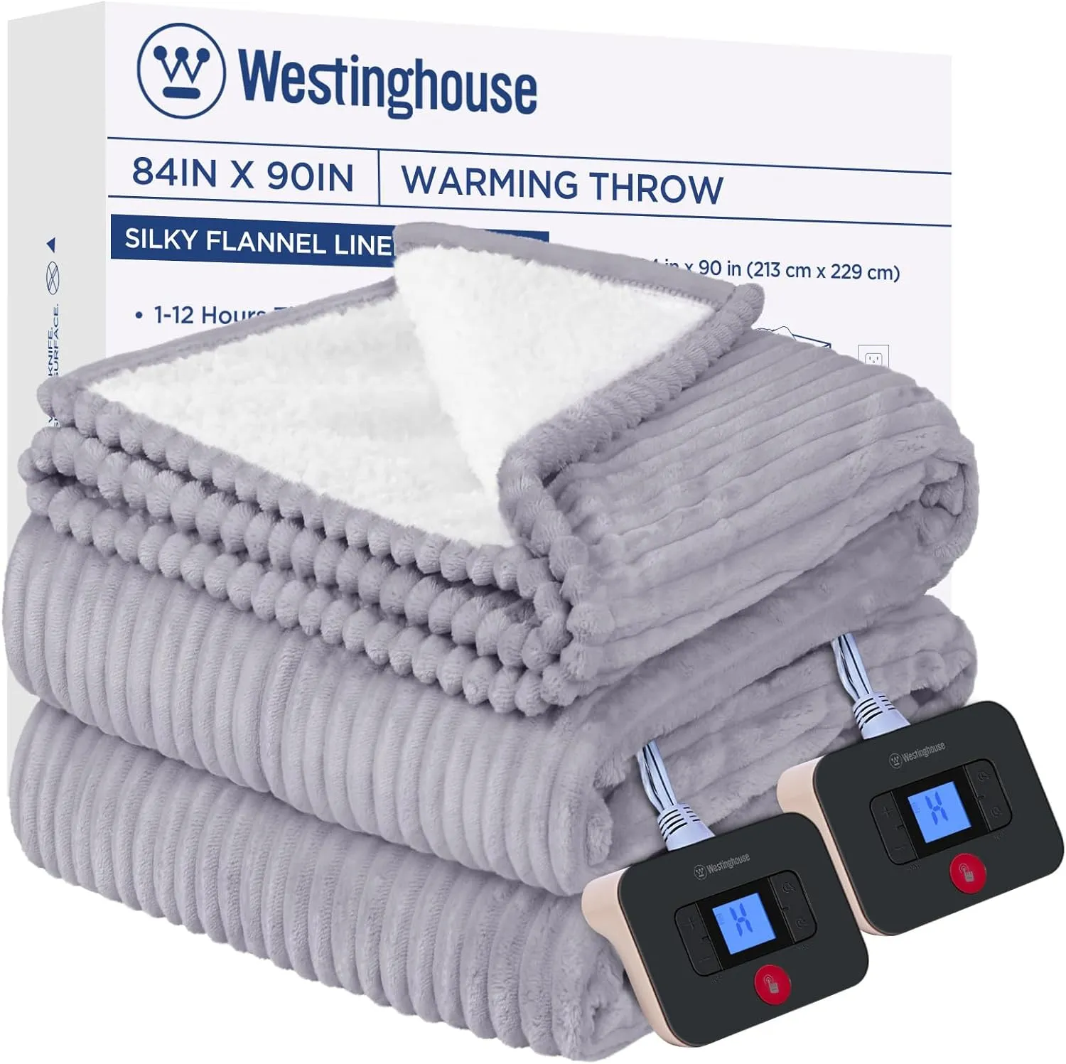 Electric Heated Blanket 84" x 90", Light Grey & Ivory
