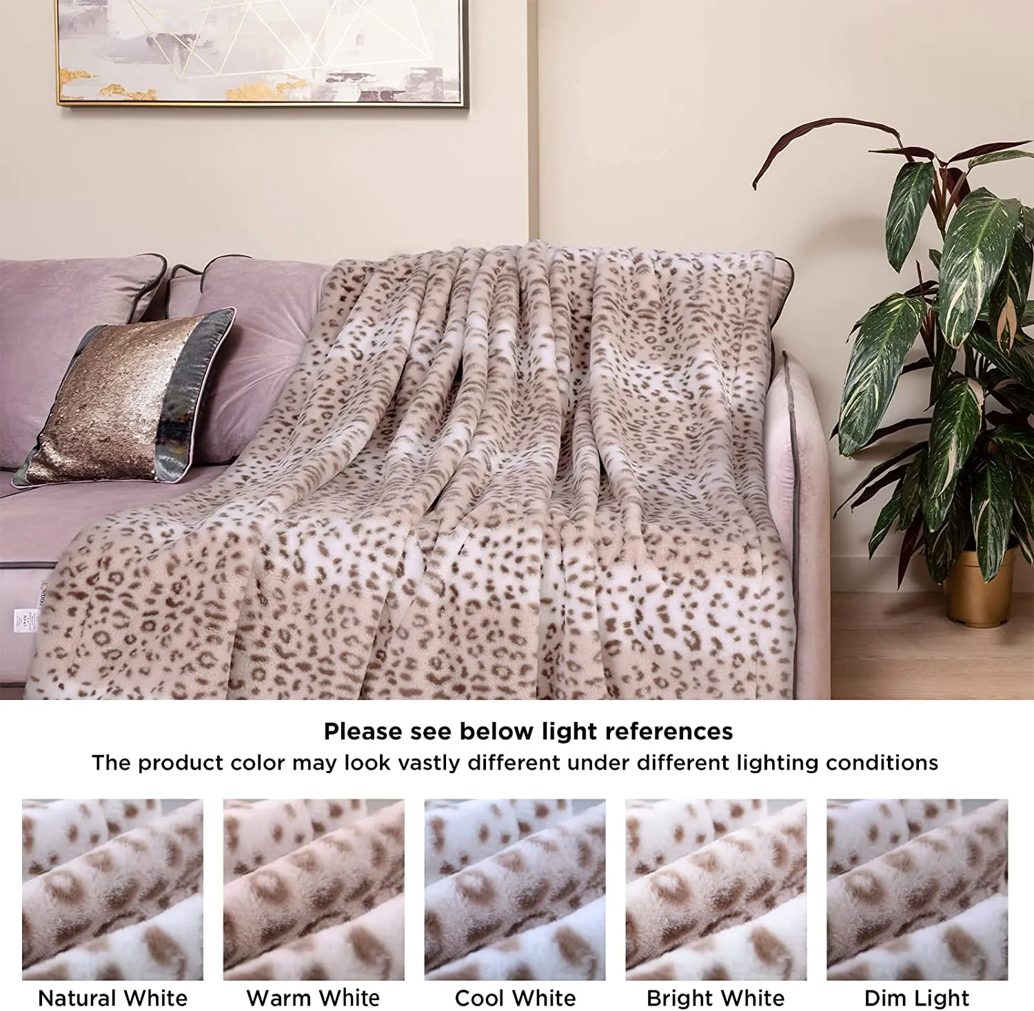 Electric Heated Blanket Luxurious Faux Fur Reverse to Flannel Leopard
