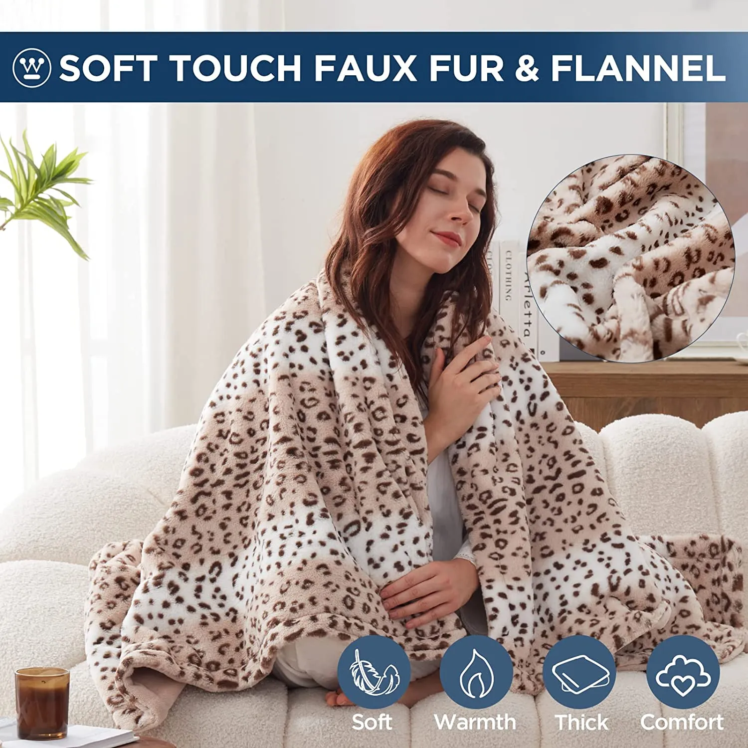 Electric Heated Blanket Luxurious Faux Fur Reverse to Flannel Leopard