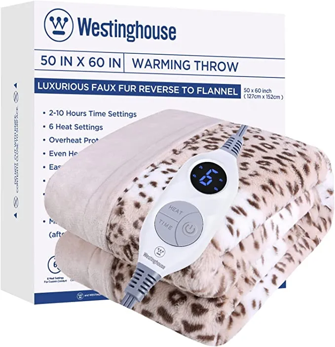 Electric Heated Blanket Luxurious Faux Fur Reverse to Flannel Leopard