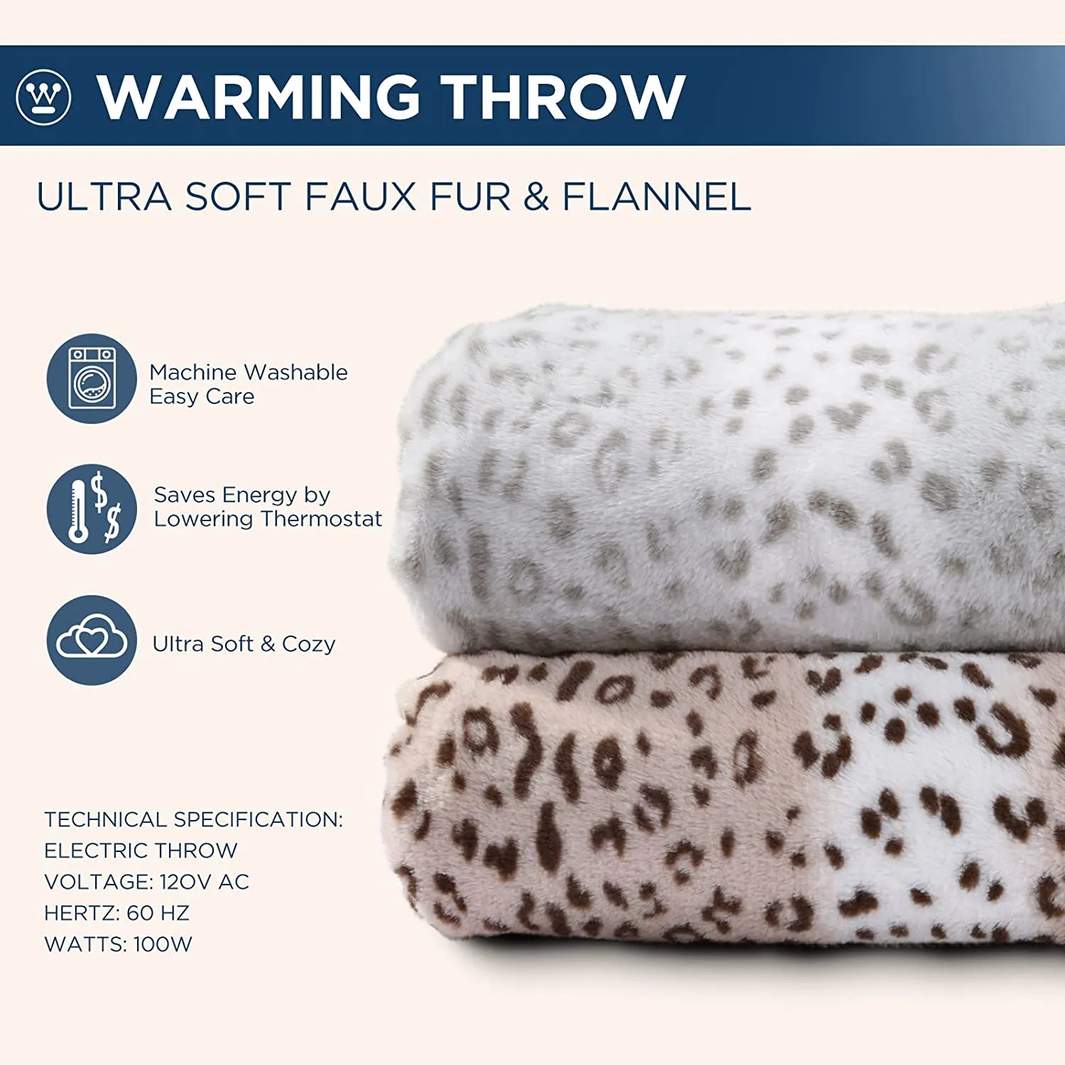 Electric Heated Blanket Luxurious Faux Fur Reverse to Flannel Leopard
