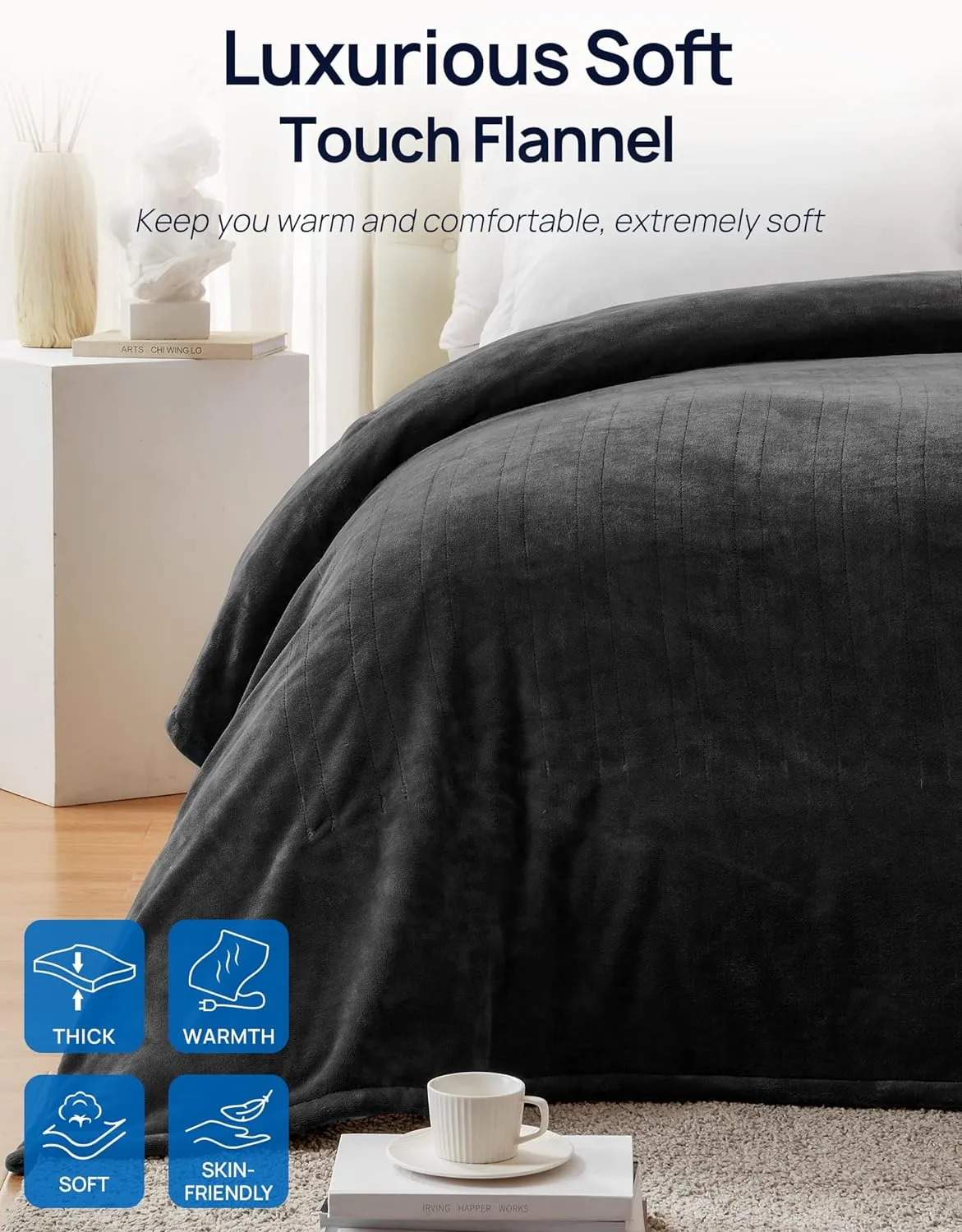 Electric Heated Flannel Blanket, Queen 84" x 90", Charcoal