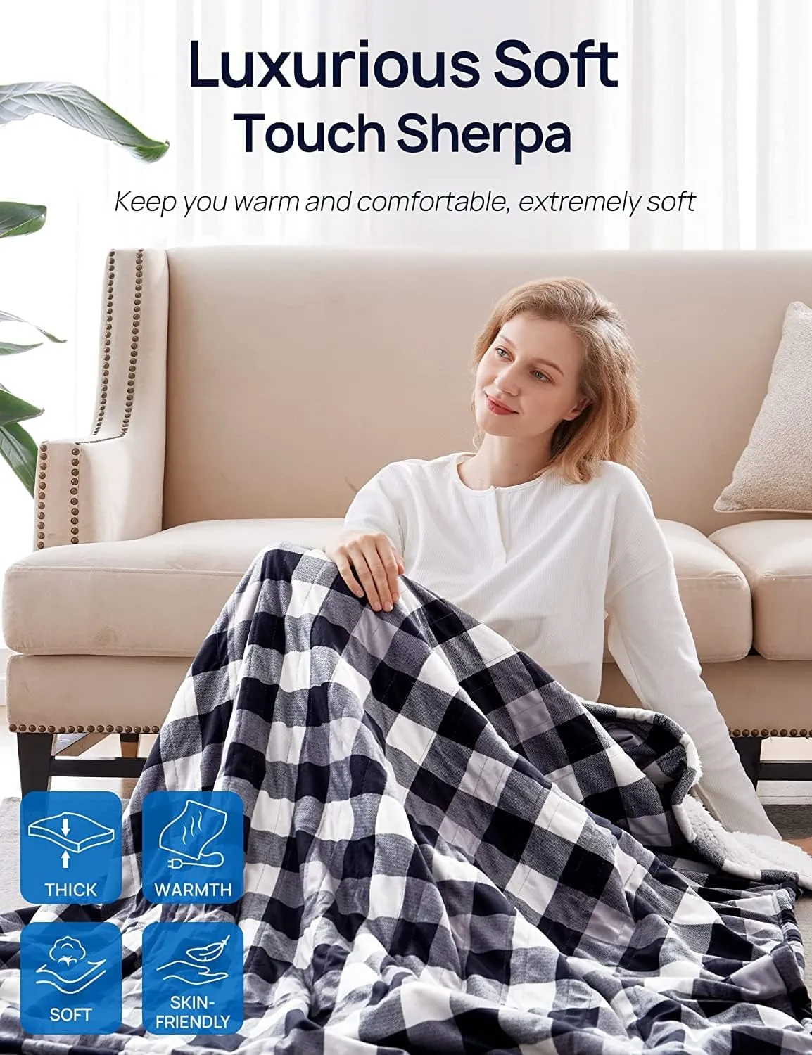 Electric Heated Sherpa Plaid Blanket 72" x 84", Black