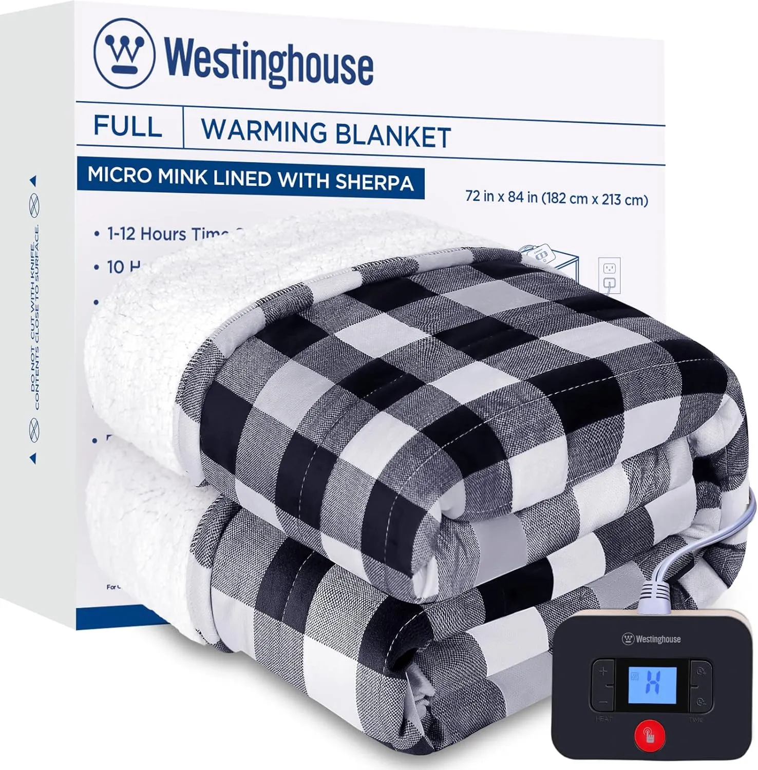 Electric Heated Sherpa Plaid Blanket 72" x 84", Black
