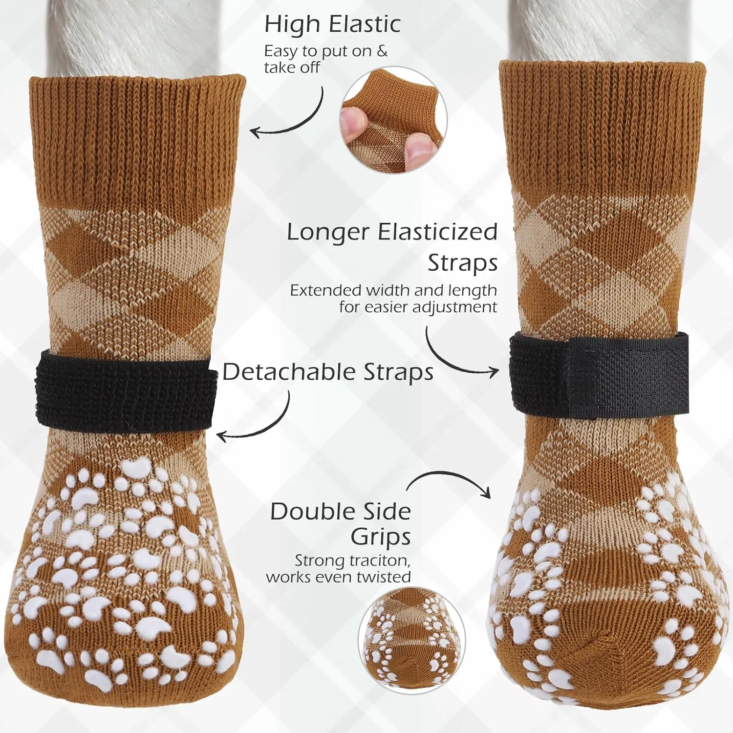 EXPAWLORER Dog Socks to Prevent Licking Paws, Dog Shoes for Hot Pavement, Anti Slip Dog Booties for Hardwood Floors, Dog Boots & Paw Protectors for Small Medium Large Senior Dogs, Khaki L