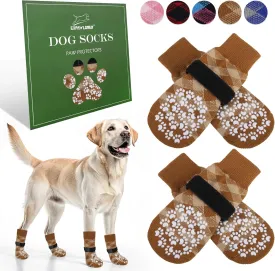 EXPAWLORER Dog Socks to Prevent Licking Paws, Dog Shoes for Hot Pavement, Anti Slip Dog Booties for Hardwood Floors, Dog Boots & Paw Protectors for Small Medium Large Senior Dogs, Khaki L
