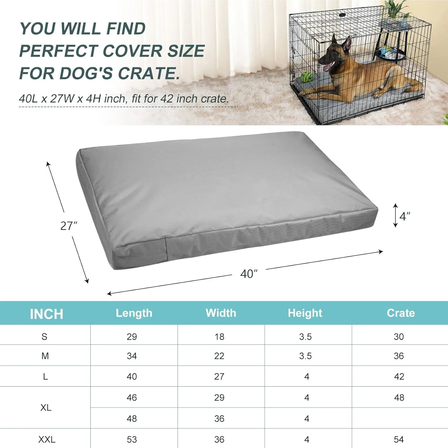 Explore Land Waterproof Dog Bed Cover Canvas Washable Dog Crate Pad Replacement Cover for 42 Inch Crate, 40Lx27Wx4H inch, Gray