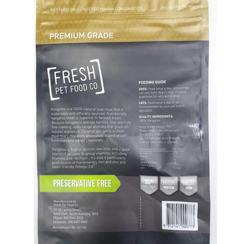 Fresh Pet Food Co Raw Premium Diced Kangaroo Frozen Cat & Dog Food 1kg