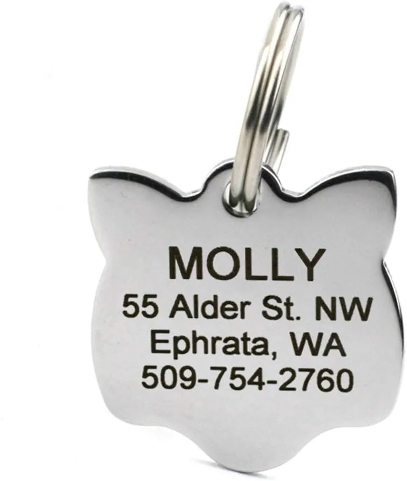 GoTags Cat ID Tag, Personalized Cat Shape Pet ID Tag in Stainless Steel, Includes up to 4 Lines of Custom Engraved Text  Stainless Steel, Kitty Face
