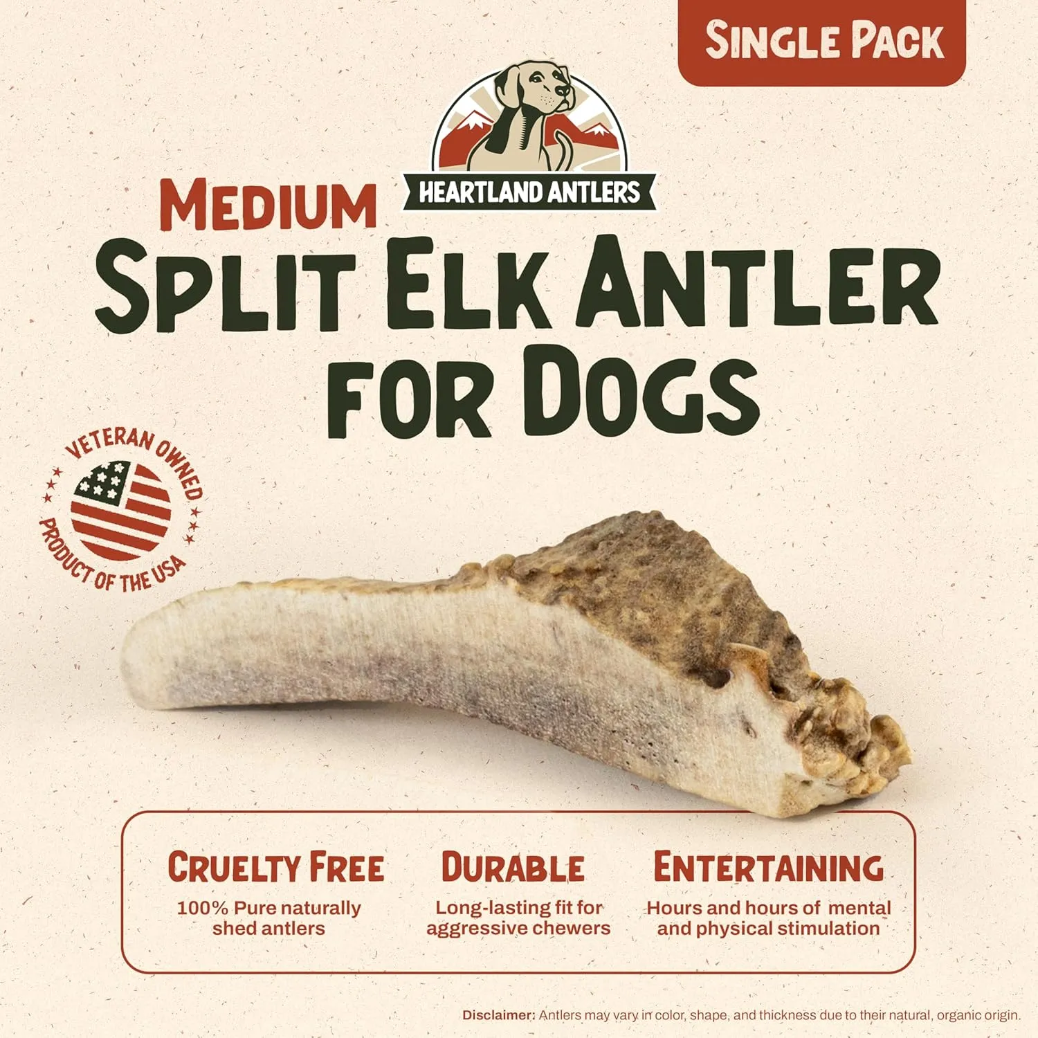 Heartland Elk Antlers for Dogs (Split Elk, 56", Medium, 1-Pack)  Grade A, Naturally Shed | Long-Lasting, Safe Chew Toy for Aggressive Chewers & Puppies | Odor-Free | USA Made | Veteran Owned