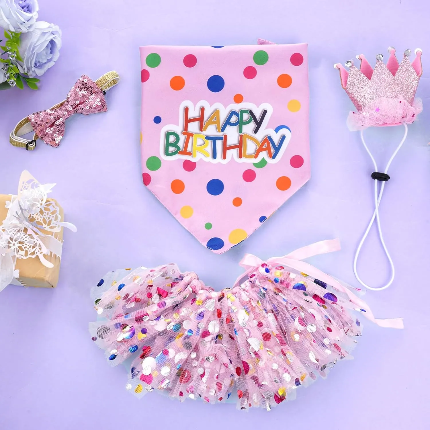 hoyuwak Dog Birthday Party Supplies Girl Dog Birthday Bandana Tutu Set Cute Hat Bow Tie Set for Large Medium Small Dogs