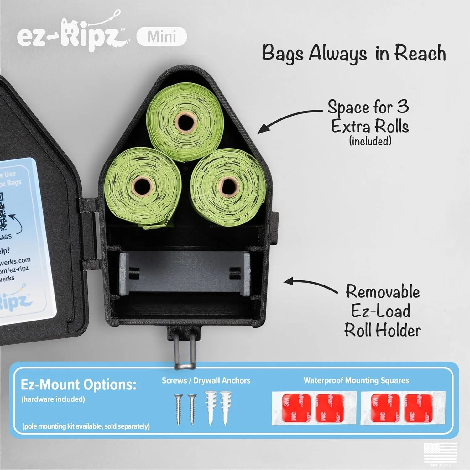 Indoor/Outdoor Dog Poop Bag Dispenser Wall Mount (Black), Includes 3 Sample Rolls of Waste Bags, Easy Setup Dog Poop Station
