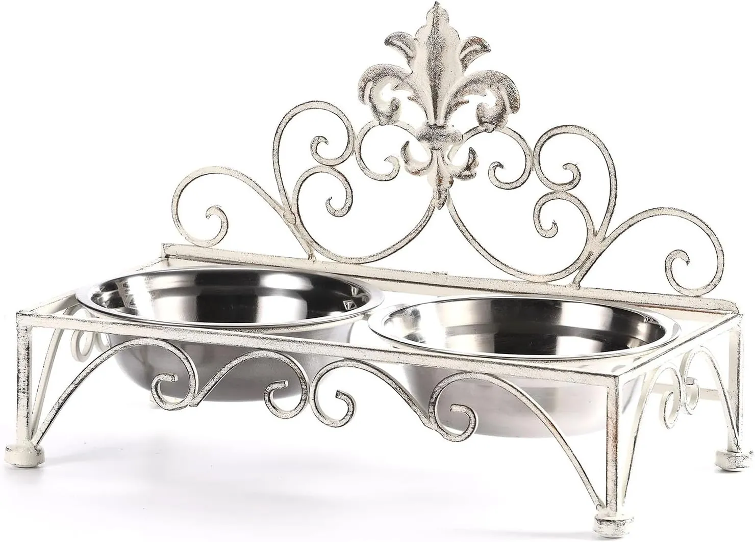 Iron Dog Cat Bowls Elevated - Dog Cat Food and Water Dish Bowl Set - Raised Small Dog Cat Bowl Stand - Antique White