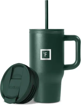 IRON FLASK Co-Pilot Insulated Mug w/Straw & Flip Cap Lids - Cup Holder Bottle for Hot, Cold Drink - Leak-Proof - Water, Coffee Portable Travel Mug - Dark Pine, 16 Oz