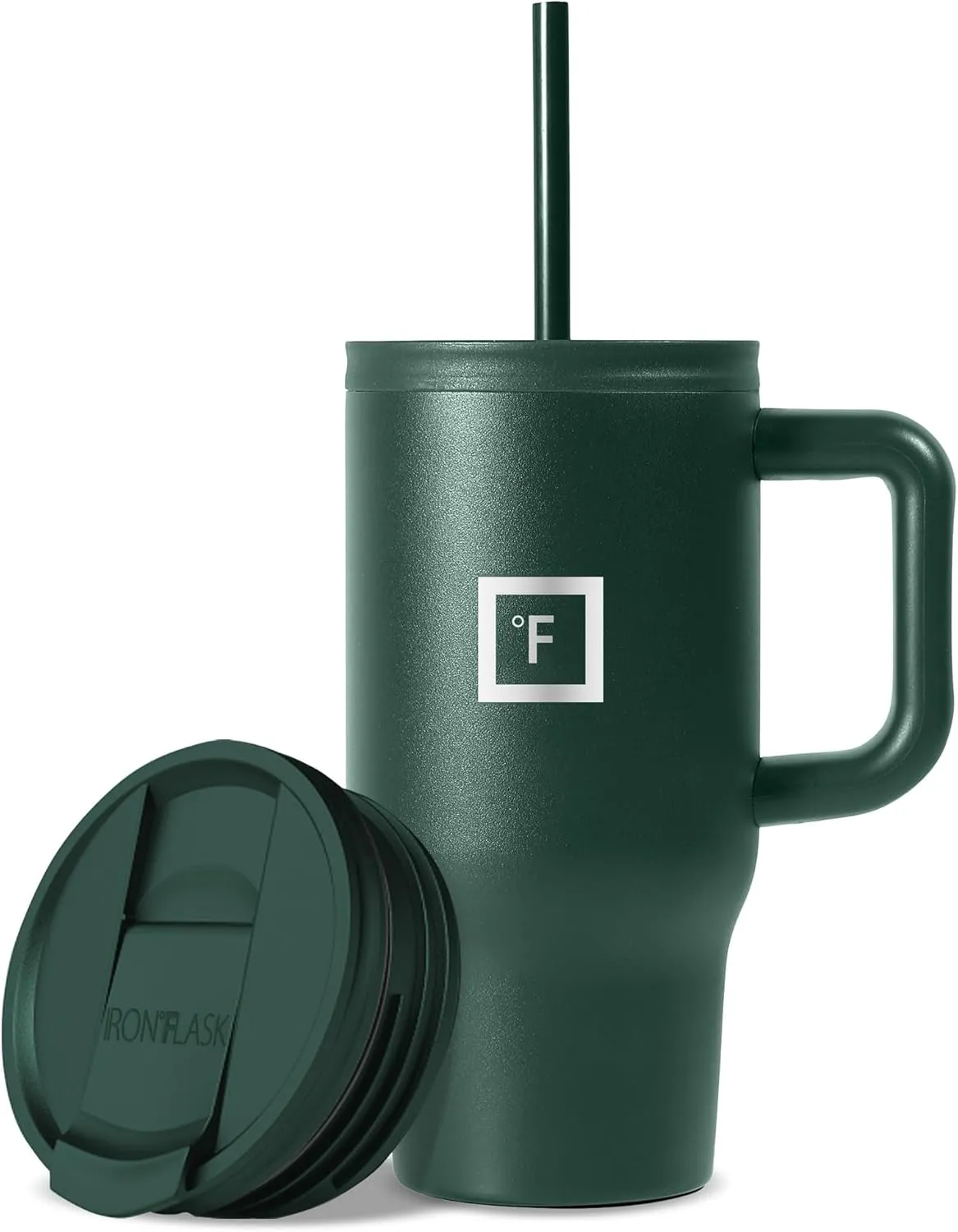 IRON FLASK Co-Pilot Insulated Mug w/Straw & Flip Cap Lids - Cup Holder Bottle for Hot, Cold Drink - Leak-Proof - Water, Coffee Portable Travel Mug - Dark Pine, 16 Oz