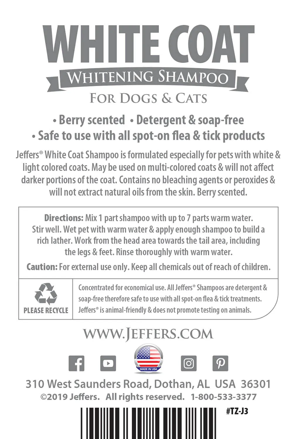 Jeffers White Coat Whitening Pet Shampoo