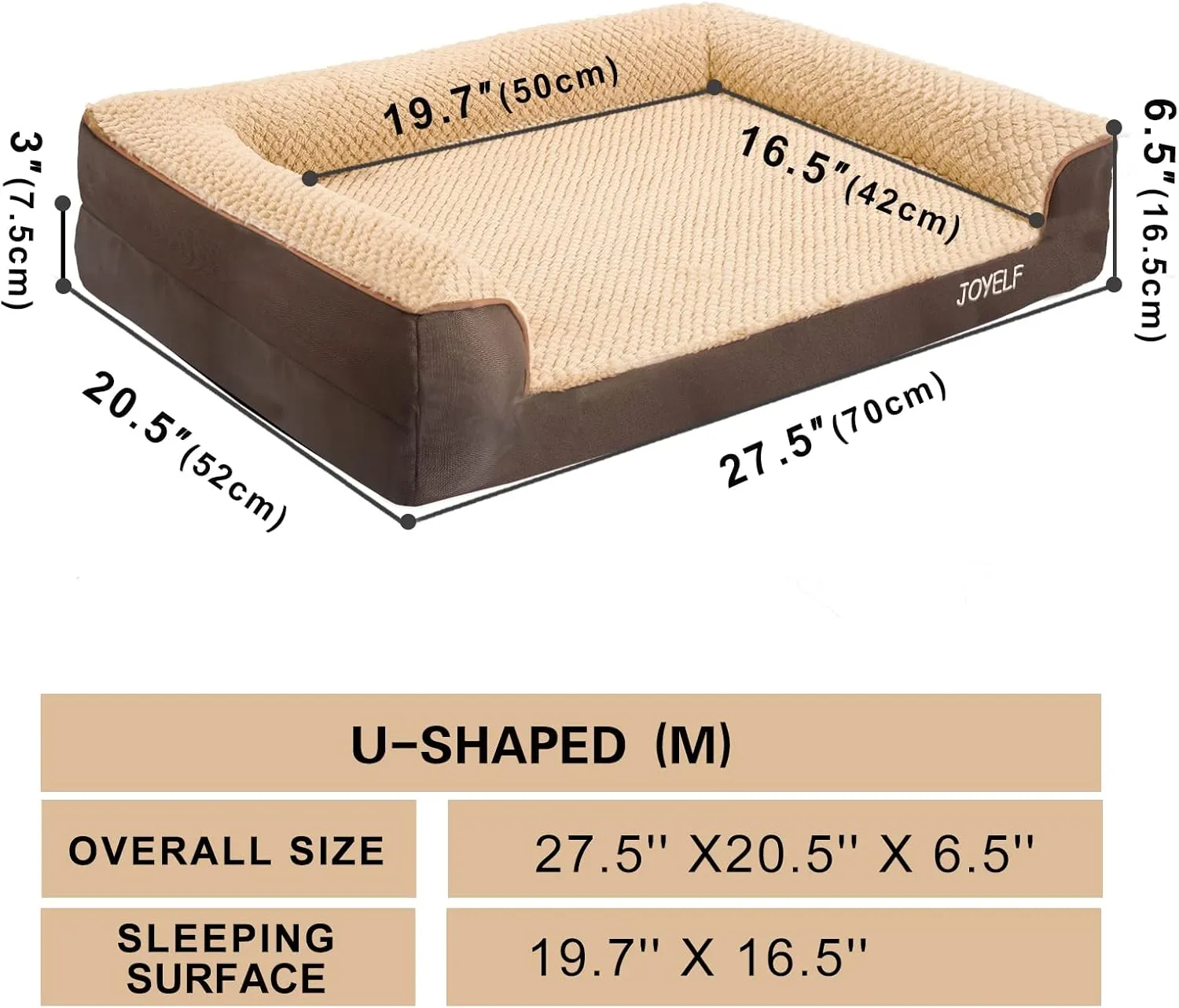 JOYELF Orthopedic Dog Bed for Medium Dogs,U-Shaped Foam Sofa Bed, Bolster Waterproof Pet Bed with Removable Washable Cover and Nonskid Bottom for Small to Medium Dogs - Coffee