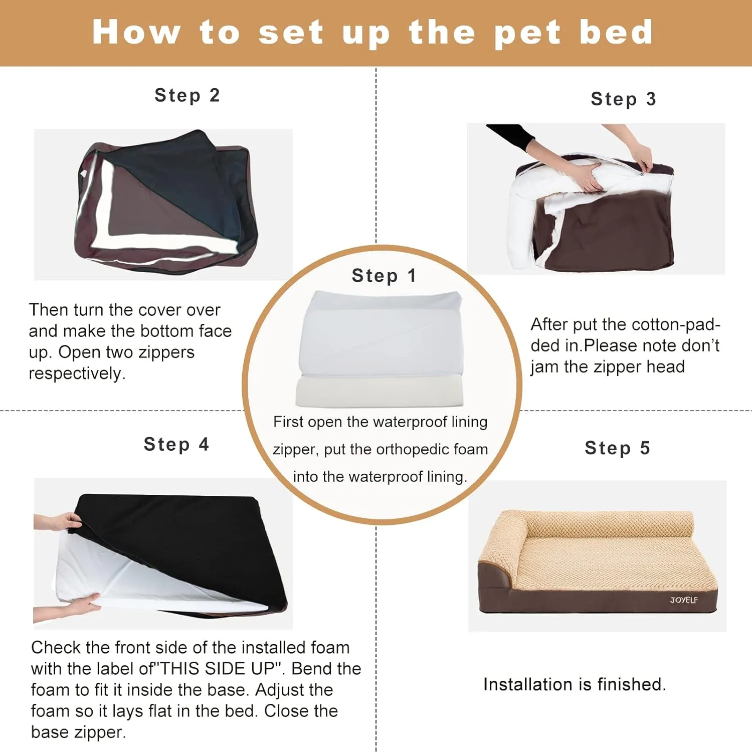 JOYELF Orthopedic Dog Bed for Medium Dogs,U-Shaped Foam Sofa Bed, Bolster Waterproof Pet Bed with Removable Washable Cover and Nonskid Bottom for Small to Medium Dogs - Coffee