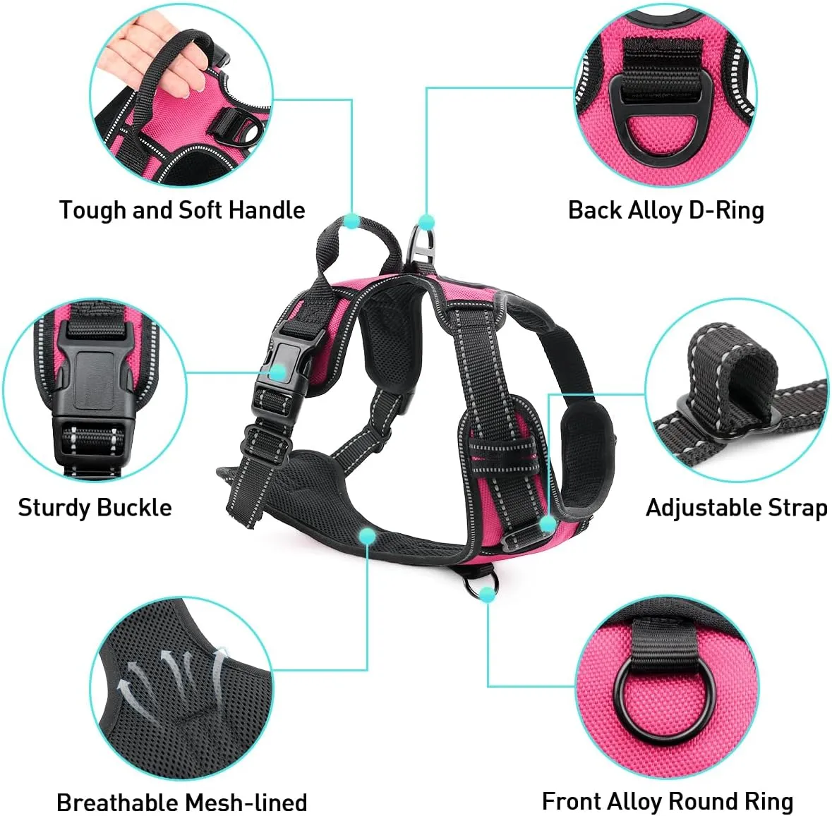 Joytale No Pull Dog Harness for Small Dogs, Reflective Pet Vest with Front Clip, Adjustable Soft Padded Harnesses with Easy Control Handle for Training and Walking, Hot Pink, S
