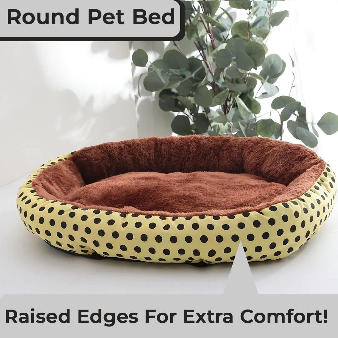Kuber Industries Dog & Cat Bed|Soft Plush Top Pet Bed|Oxford Cloth Polyester Filling| Washable Dog Bed|Circular Cat Bed with Rise-Edge Pillow|QY039YC-M|Yellow & Coffee(Pack of 6)