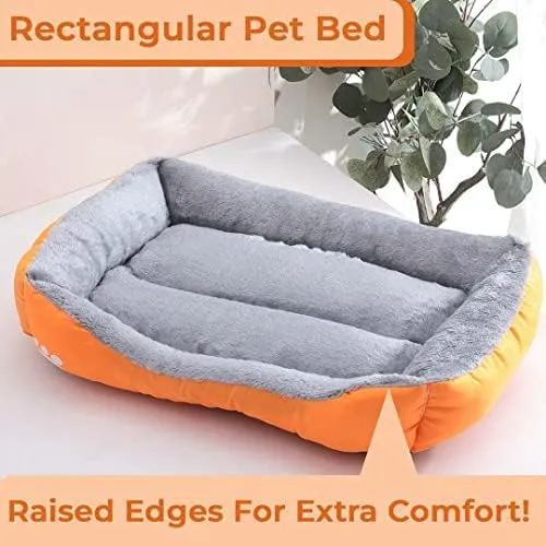 Kuber Industries Dog & Cat Bed|Super Soft Plush Top Pet Bed|Oxford Cloth Polyester Filling|Washable Dog Bed|Rectangular Cat Bed with Rise-Edge Pillow|QY036OR-S|Orange (Pack of 2)