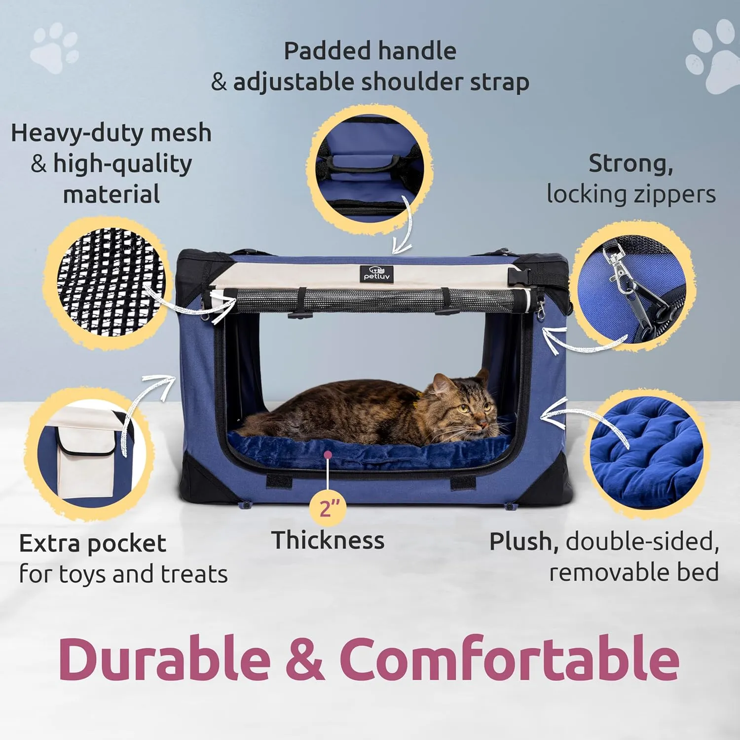 Medium Cat & Dog Carrier for Most Cats or Small Dogs, Soft-Sided, Collapsible with Locking Zippers, Portable Travel Bag with Soft Bed, Navy
