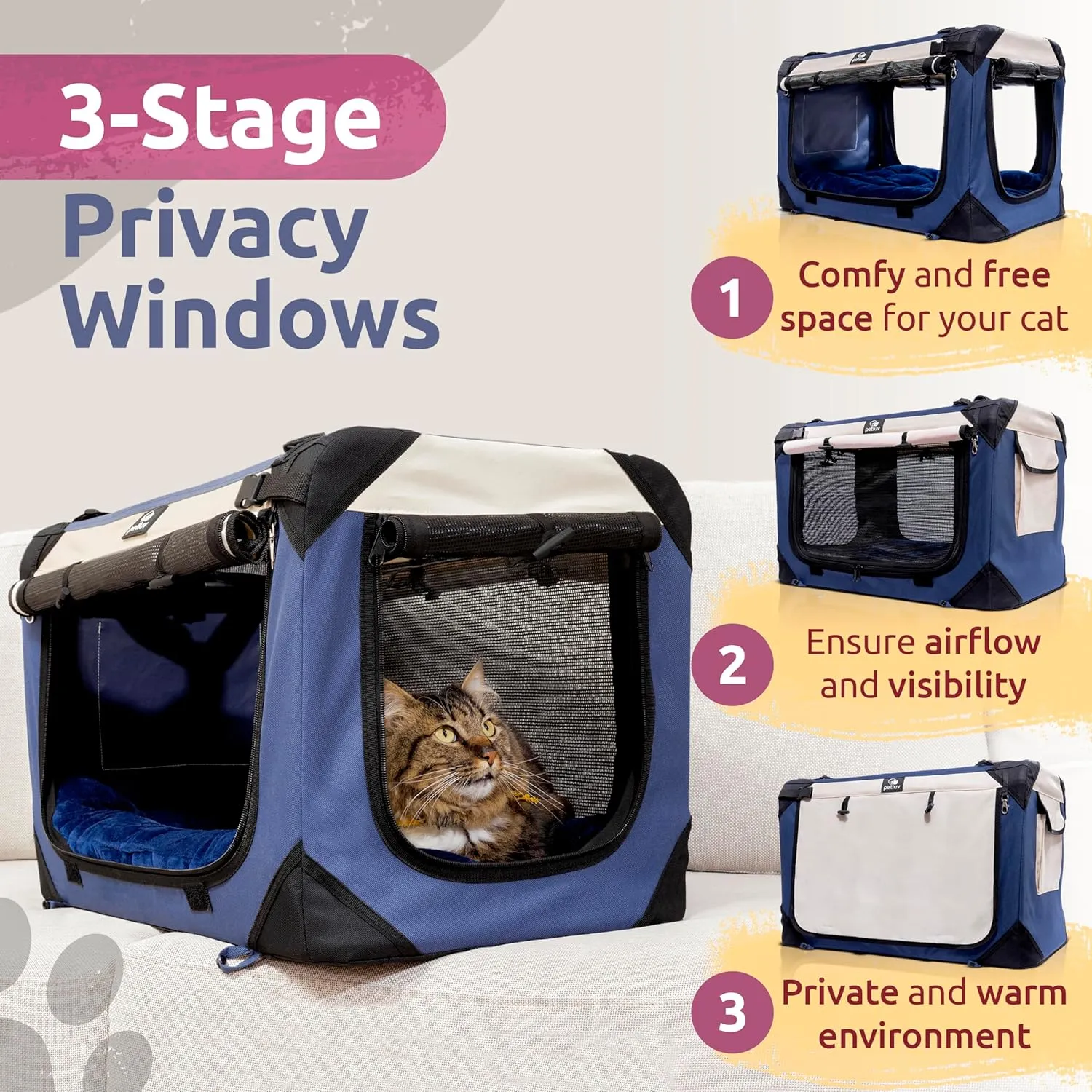 Medium Cat & Dog Carrier for Most Cats or Small Dogs, Soft-Sided, Collapsible with Locking Zippers, Portable Travel Bag with Soft Bed, Navy