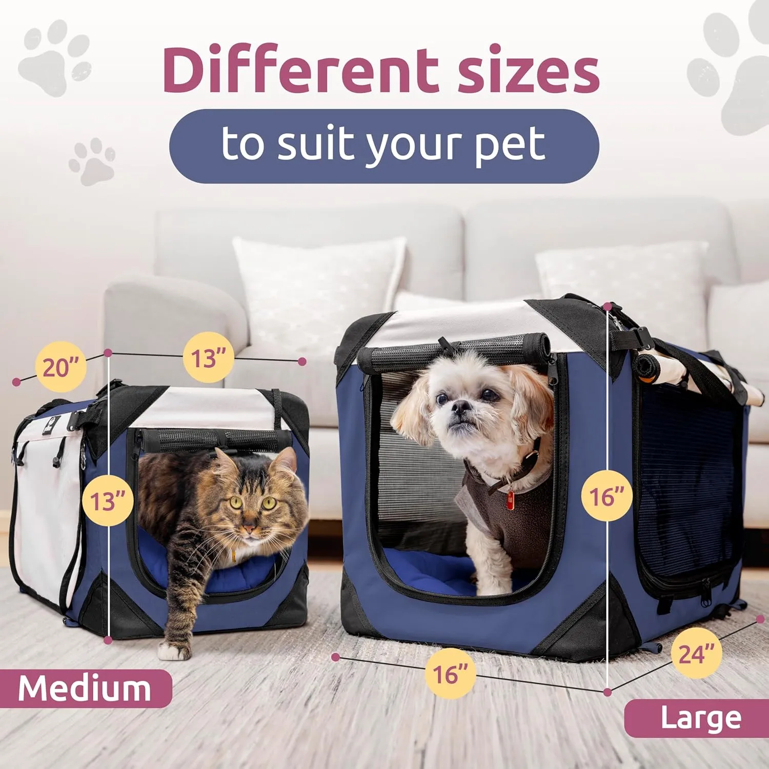 Medium Cat & Dog Carrier for Most Cats or Small Dogs, Soft-Sided, Collapsible with Locking Zippers, Portable Travel Bag with Soft Bed, Navy