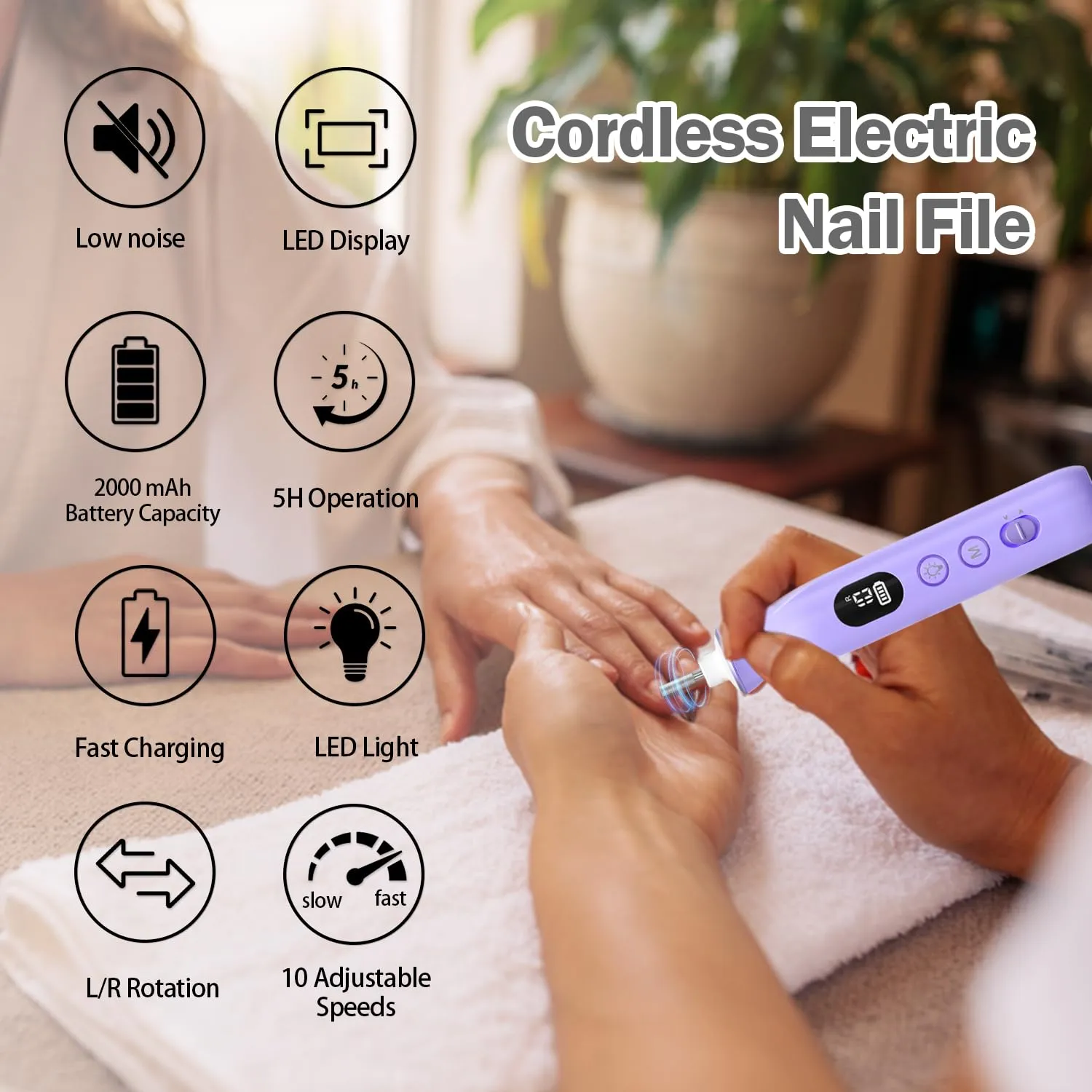 Nail Drill Electric Nail File, with 120*Sanding Bands - 10 Speeds Cordless Manicure Pedicure Kit with LED Light, Portable Nail Drill for Natural & Acrylic Nails, Human & Pet Thick Toenails (Purple)