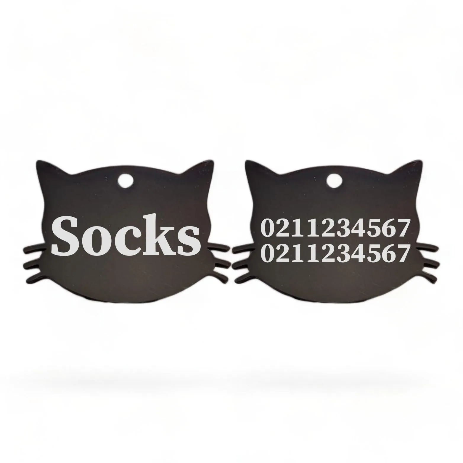 Name Front & 2 Numbers Back Cat Whiskers | Mirror Stainless | Cat ID Pet Tag
