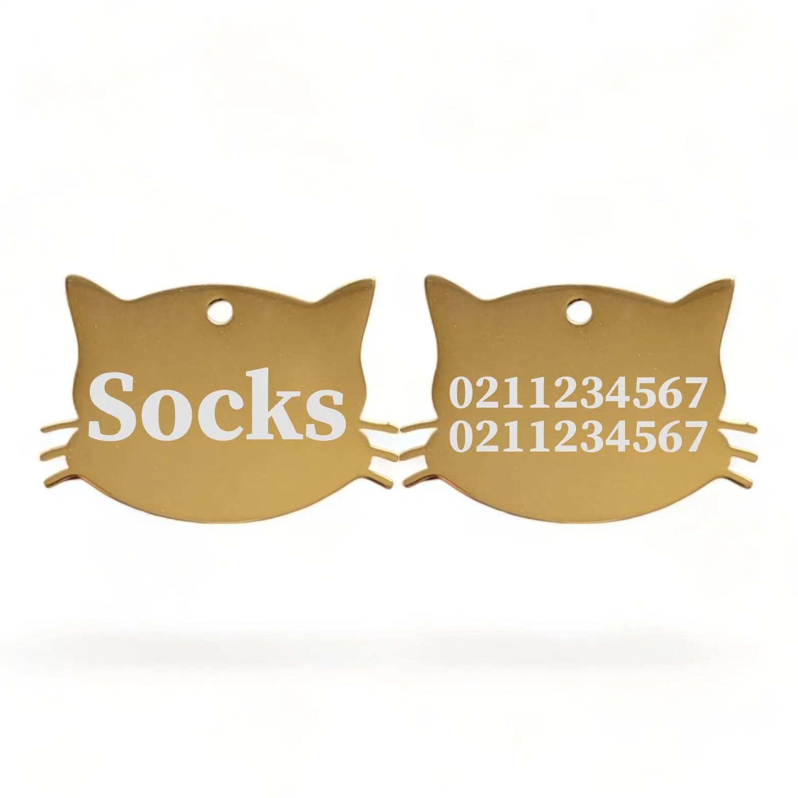 Name Front & 2 Numbers Back Cat Whiskers | Mirror Stainless | Cat ID Pet Tag